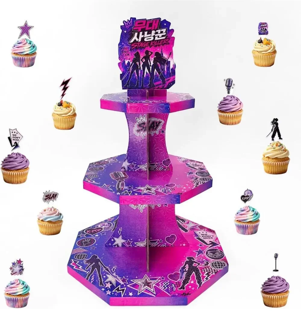 K-pop Cyber Anime 3-Tier Cupcake Stand Dessert Tower with 24 Toppers Party Decor